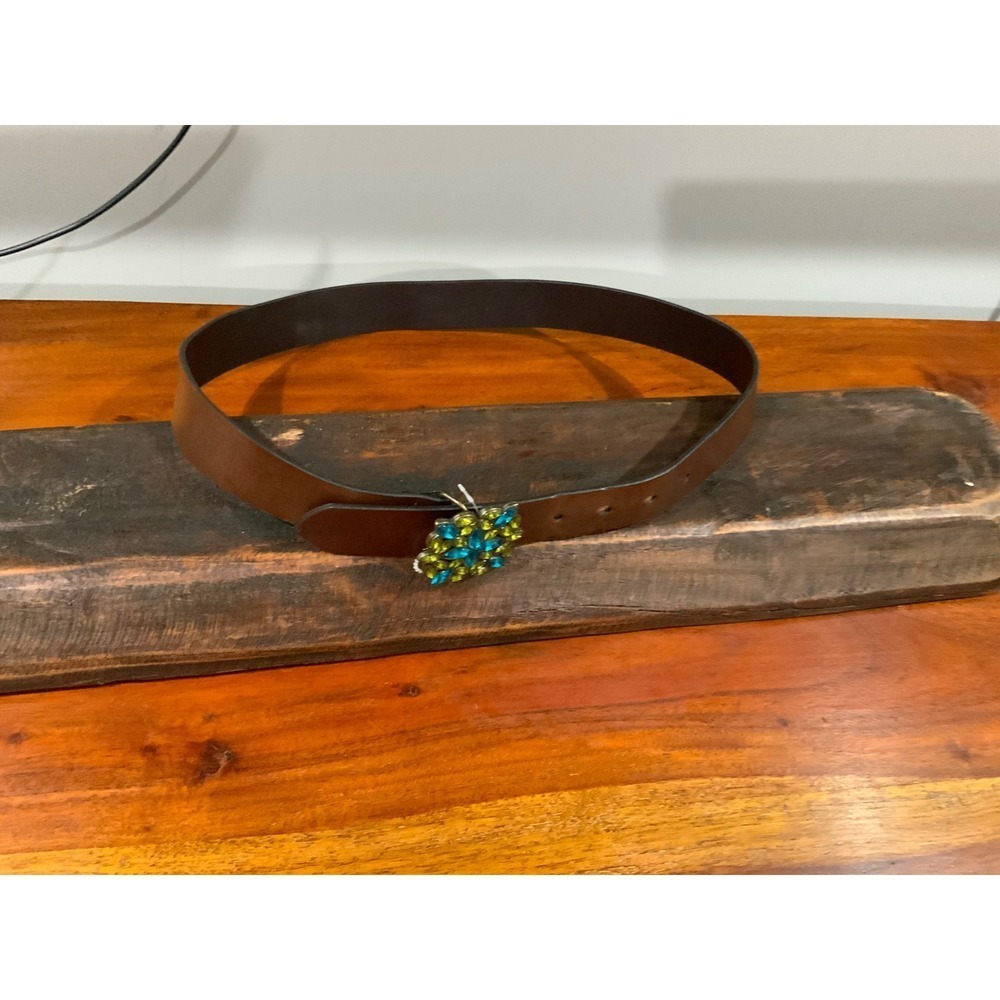 Genuine Italian Bonded Leather Belt Brown Blue Green Crystal Buckle Made in USA